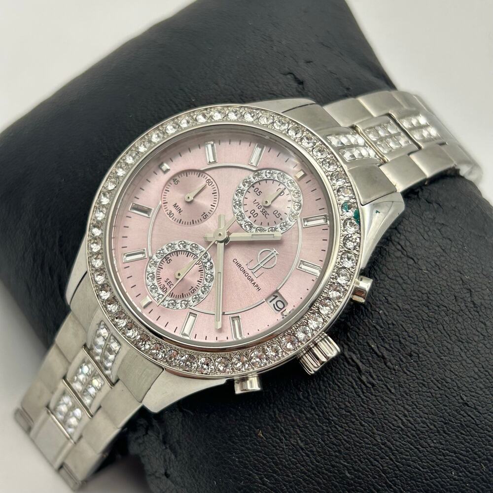 Jennifer Lopez Silver Tone Pink Dial Crystal Accents Women’s Chronograph Watch - Picture 2 of 8